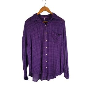 Free People Purple Plaid Gauze Button‎ Down Popover Top Blouse Size Extra Small